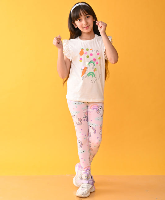 ARTIST T-SHIRT UNICORN LEGGINGS SET - WHITE / PINK