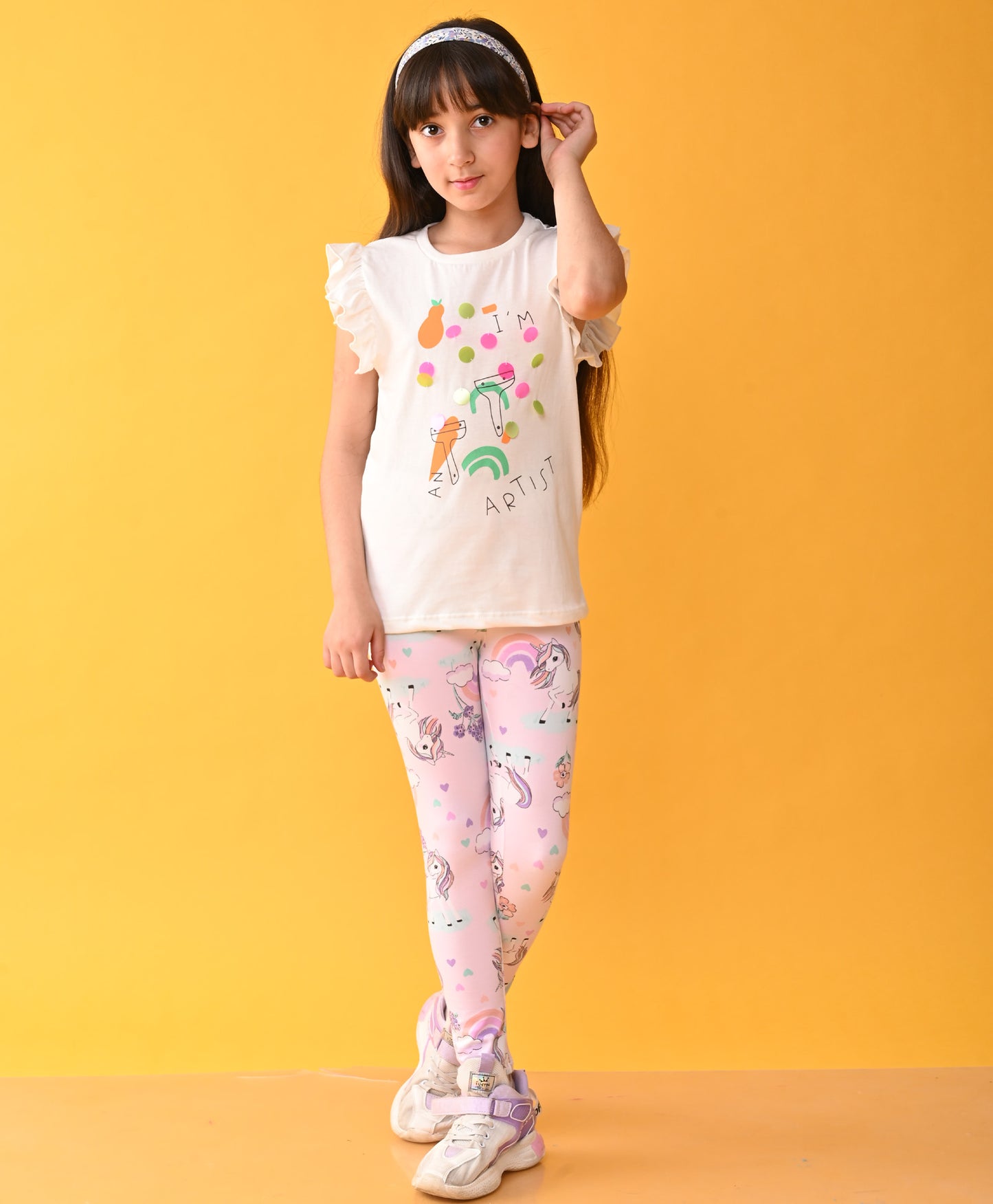 ARTIST T-SHIRT UNICORN LEGGINGS SET - WHITE / PINK