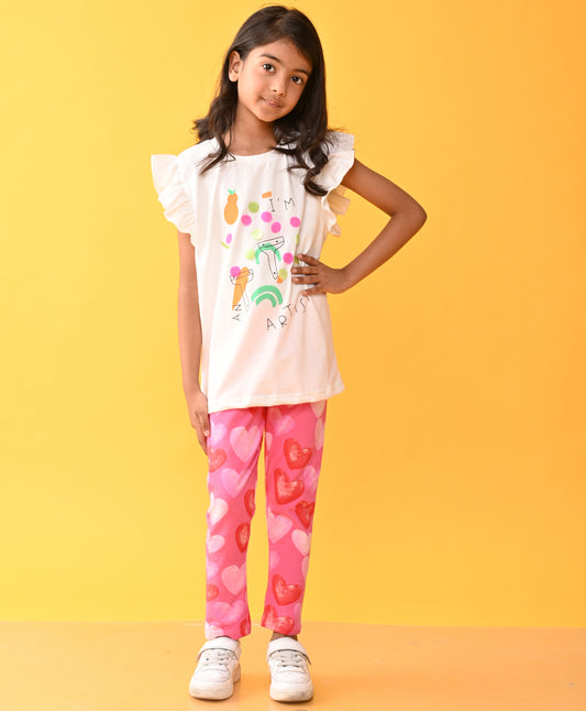 ARTIST TSHIRT HEART PINK LEGGINGS SET - WHITE/PINK