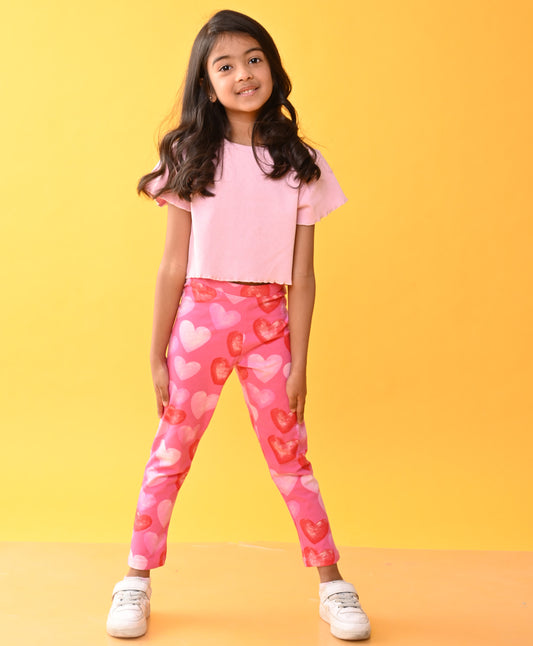 PINK RIBBED T-SHIRT HEART LEGGINGS SET - PINK