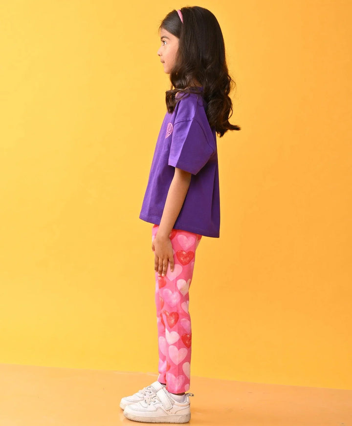 PURPLE SUMMER TSHIRT HEART PINK LEGGINGS SET - PURPLE /PINK - Anthrilo 