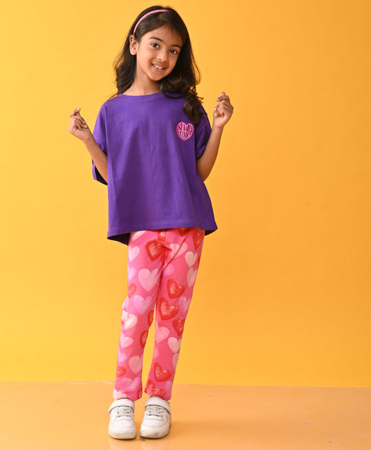PURPLE SUMMER TSHIRT HEART PINK LEGGINGS SET - PURPLE /PINK
