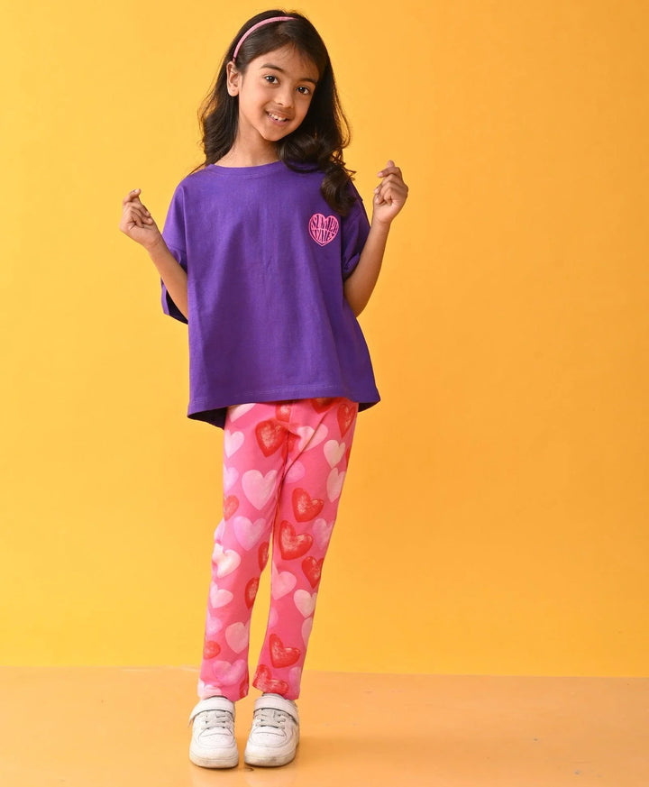 PURPLE SUMMER TSHIRT HEART PINK LEGGINGS SET - PURPLE /PINK - Anthrilo 