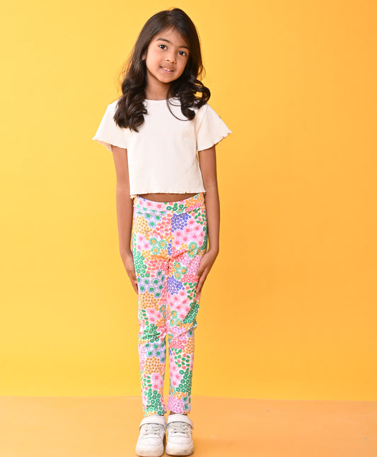 WHITE RIBBED T-SHIRT FLORAL LEGGINGS SET - WHITE / PINK
