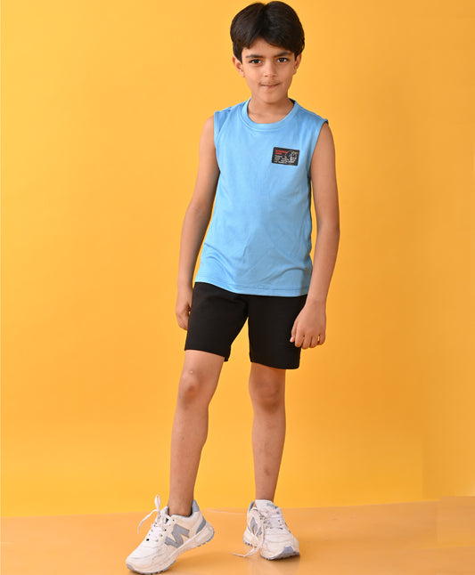 BASKETBALL BLUE SPORTY BLACK STRIPED SHORTS SET - BLUE/BLACK