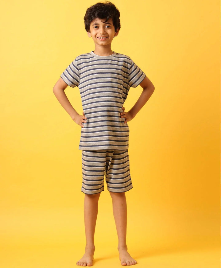 Grey White Navy Stripe Boys Sleepwear Short Set-Grey