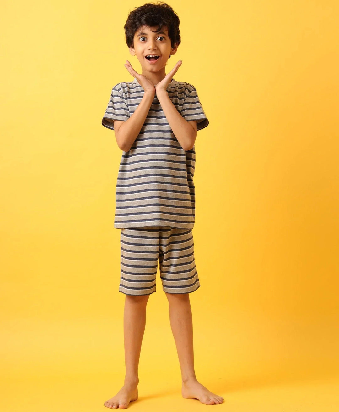 Grey White Navy Stripe Boys Sleepwear Short Set-Grey