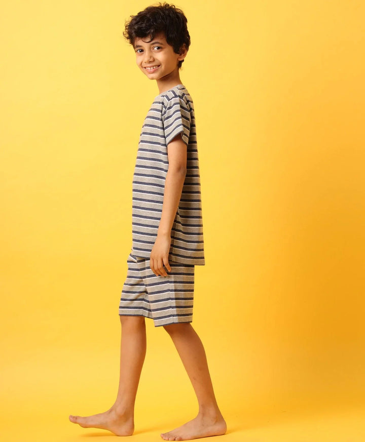 Grey White Navy Stripe Boys Sleepwear Short Set-Grey