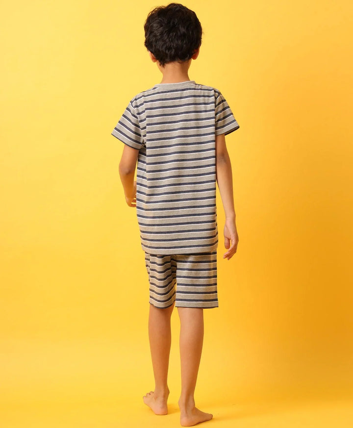 Grey White Navy Stripe Boys Sleepwear Short Set-Grey