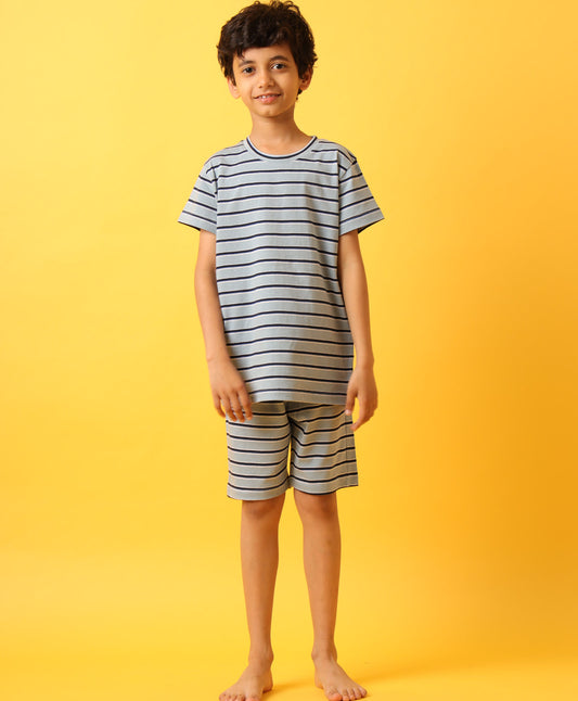 BLUE  WHITE NAVY STRIPE SLEEPWEAR SHORT SET-BLUE