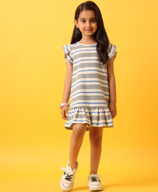 GREY WHITE STRIPED RUFFLE DRESS-GREY