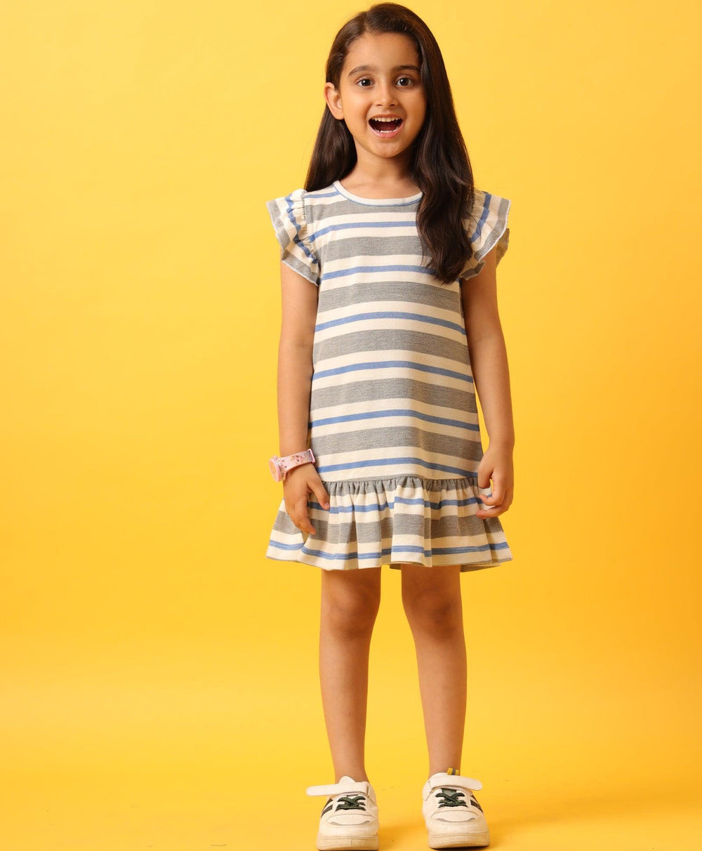 GREY WHITE STRIPED RUFFLE DRESS-GREY - Anthrilo 