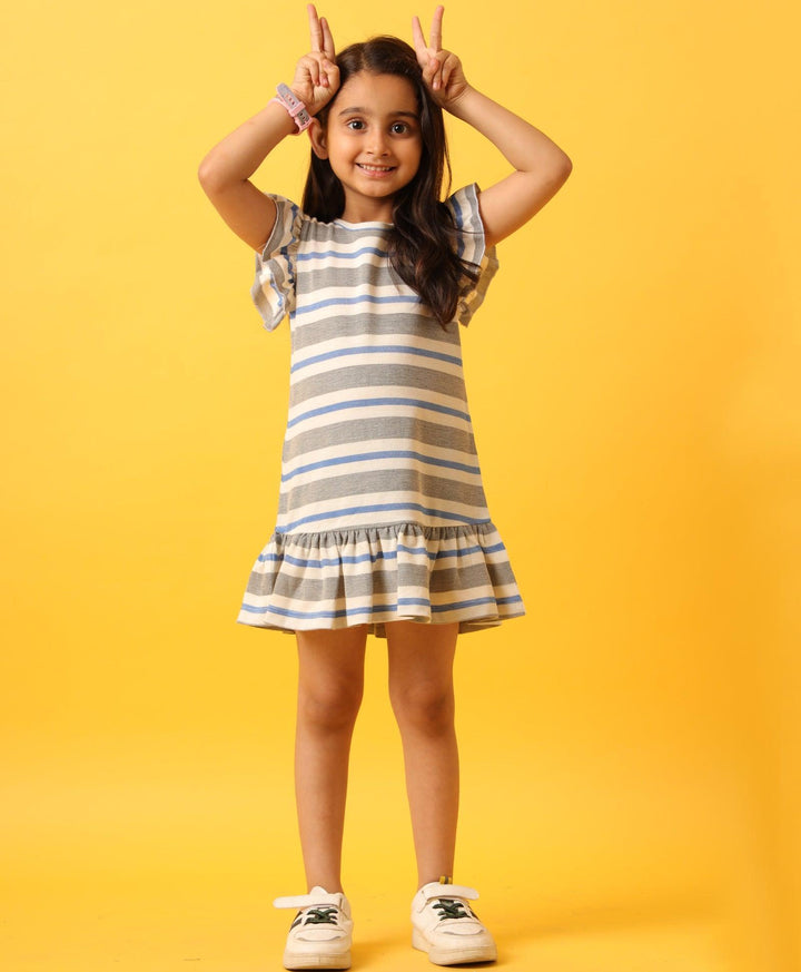 GREY WHITE STRIPED RUFFLE DRESS-GREY - Anthrilo 