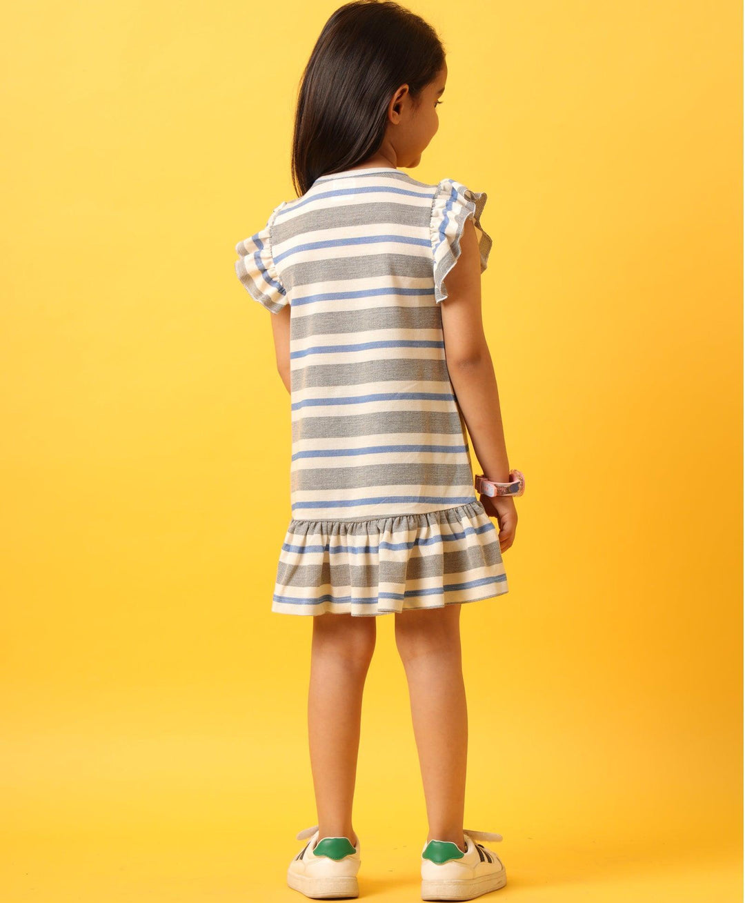 GREY WHITE STRIPED RUFFLE DRESS-GREY - Anthrilo 