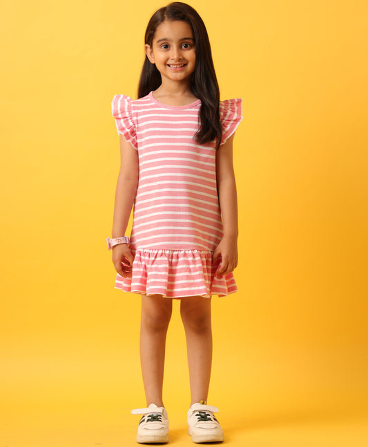RED WHITE STRIPED RUFFLE DRESS-RED