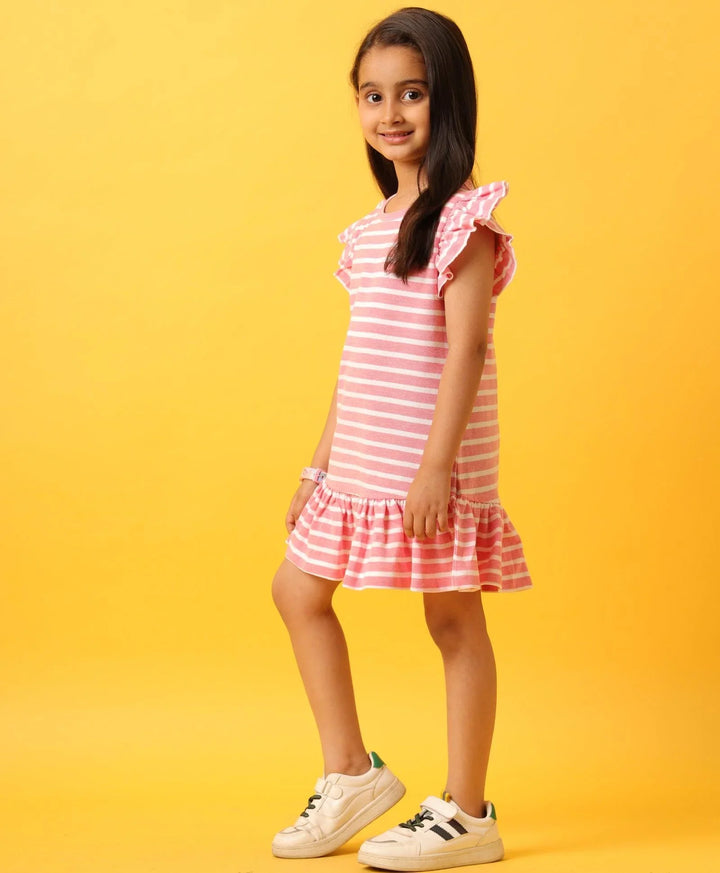RED WHITE STRIPED RUFFLE DRESS-RED - Anthrilo 