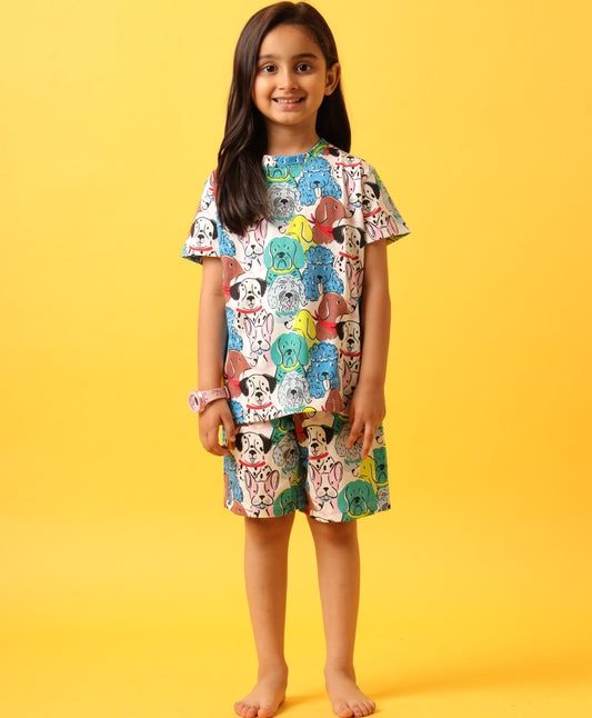 DOGS PRINT GIRLS SLEEPWEAR SHORT SET - WHITE