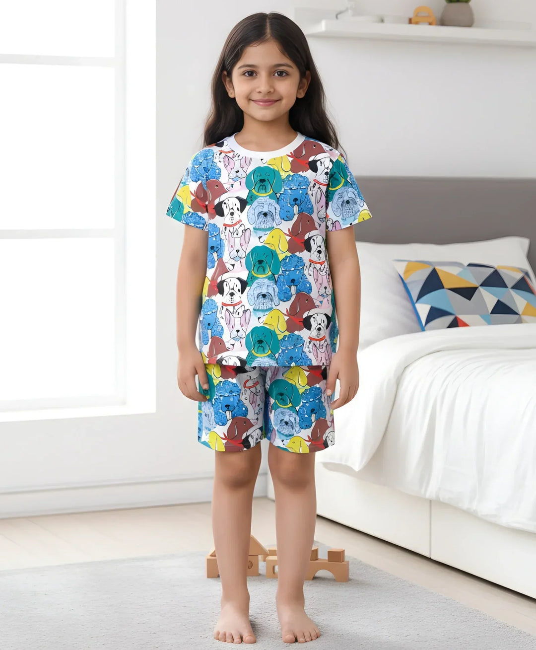 DOGS PRINT GIRLS SLEEPWEAR SHORT SET - WHITE - Anthrilo 