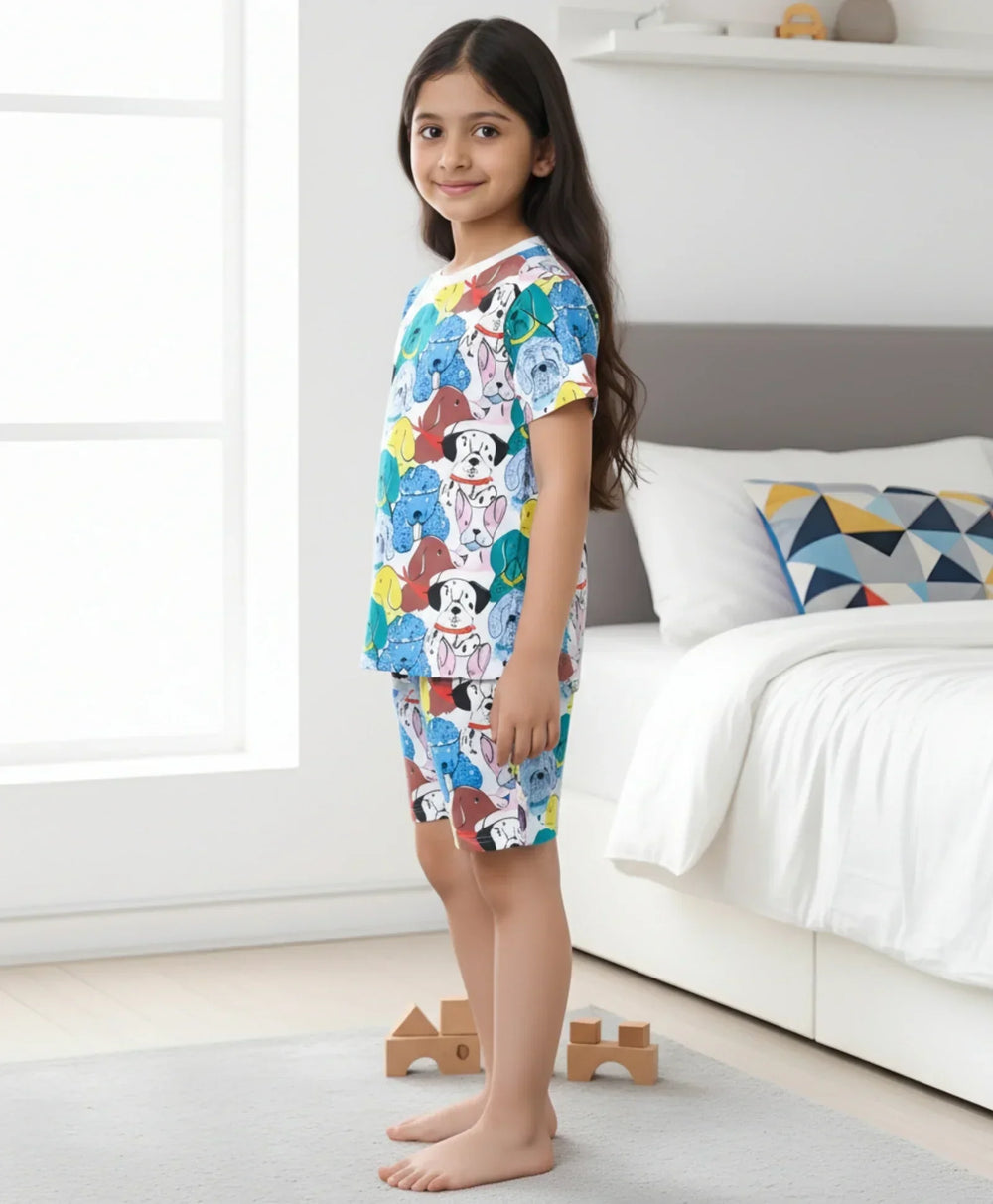 DOGS PRINT GIRLS SLEEPWEAR SHORT SET - WHITE - Anthrilo 