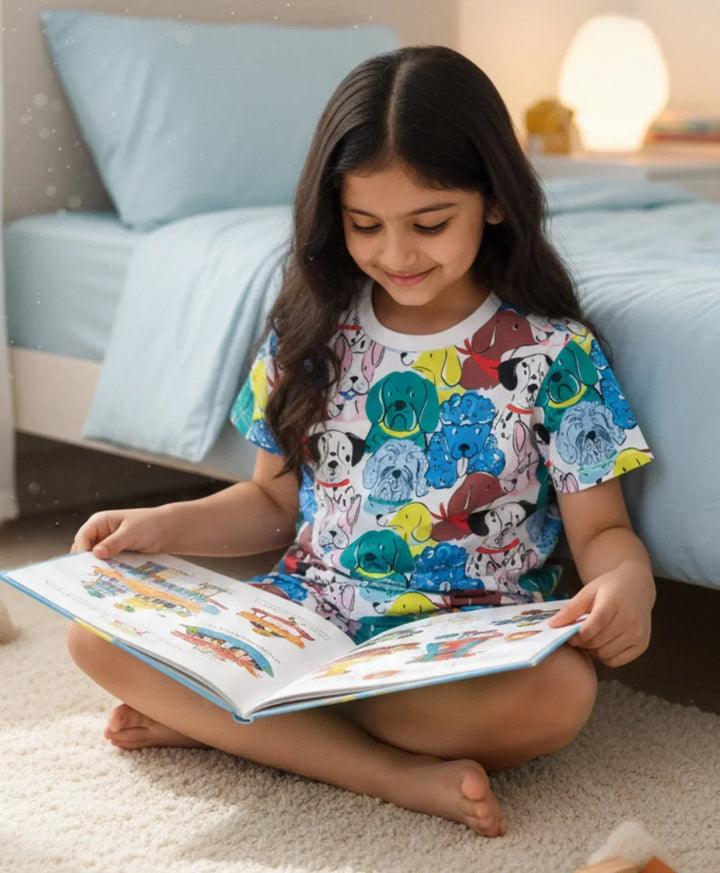 DOGS PRINT GIRLS SLEEPWEAR SHORT SET - WHITE - Anthrilo 