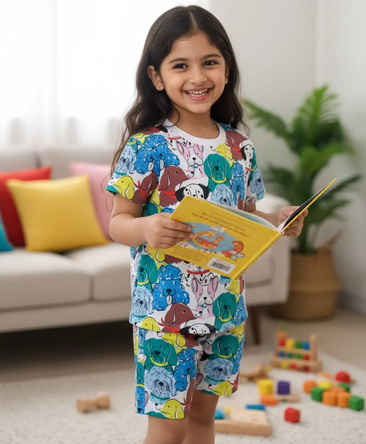 DOGS PRINT GIRLS SLEEPWEAR SHORT SET - WHITE - Anthrilo 