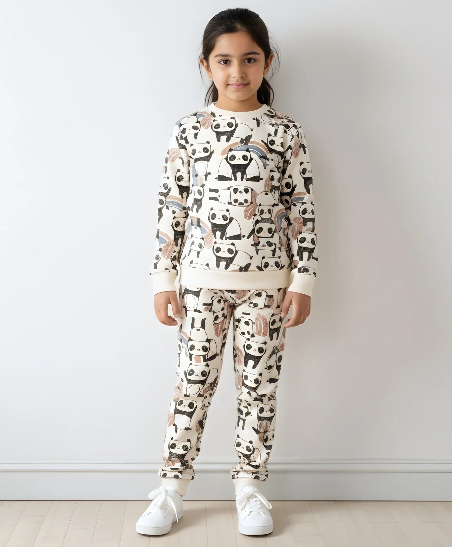 PANDA FLEECE GIRLS SWEATSHIRT JOGGER SET D - WHITE