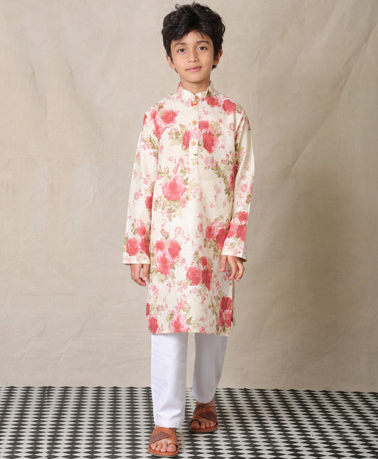 BEIGE FESTIVE PRINTED PURE COTTON KURTA WITH WHITE COTTON PAJAMA - SET OF 2