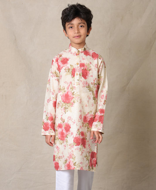 BEIGE FESTIVE PRINTED PURE COTTON KURTA - BEIGE