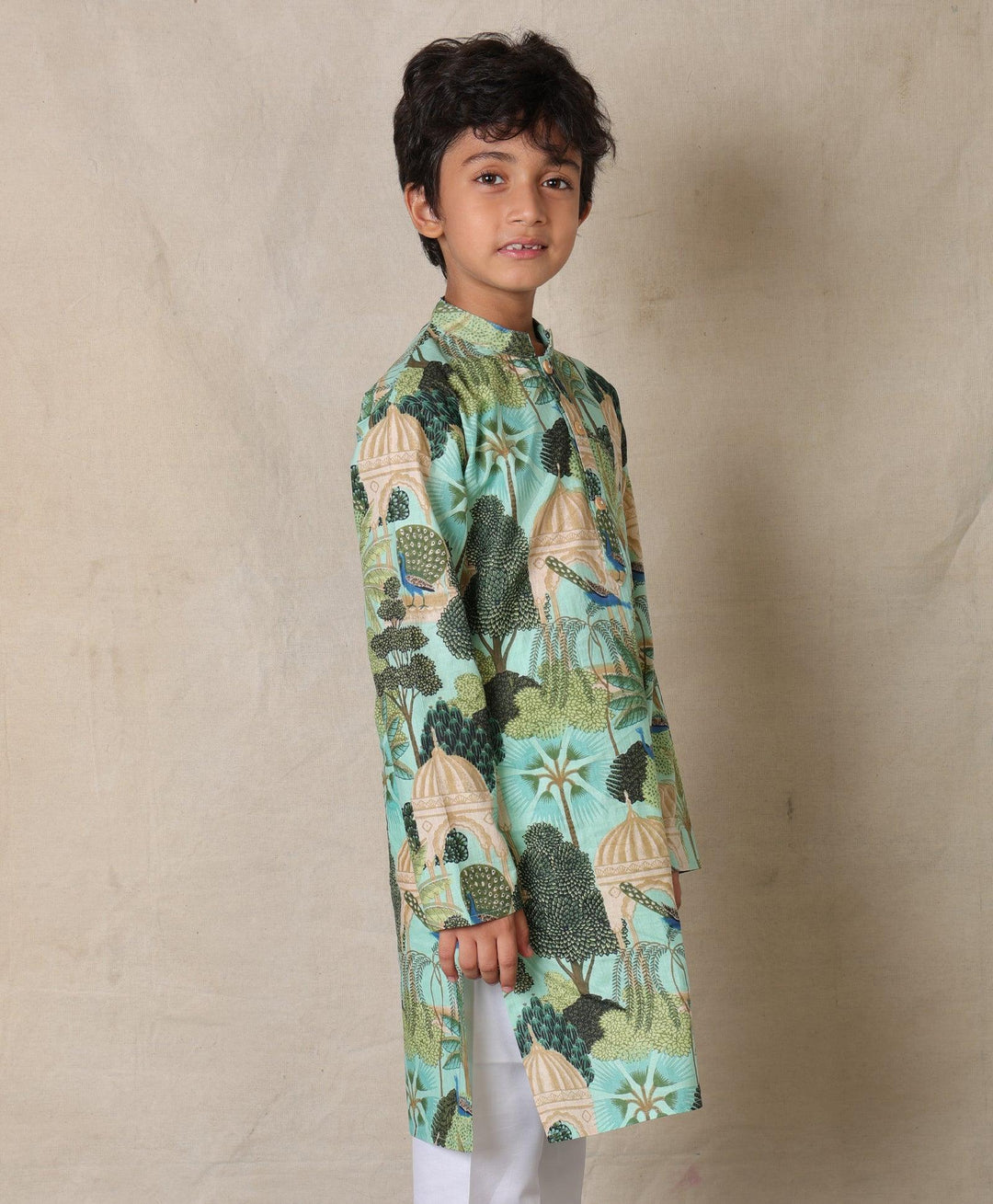 GREEN TEMPLE PRINTED PURE COTTON KURTA - GREEN
