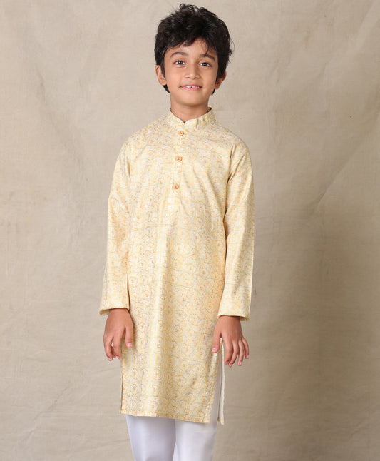 YELLOW FESTIVE PRINTED PURE COTTON KURTA - YELLOW
