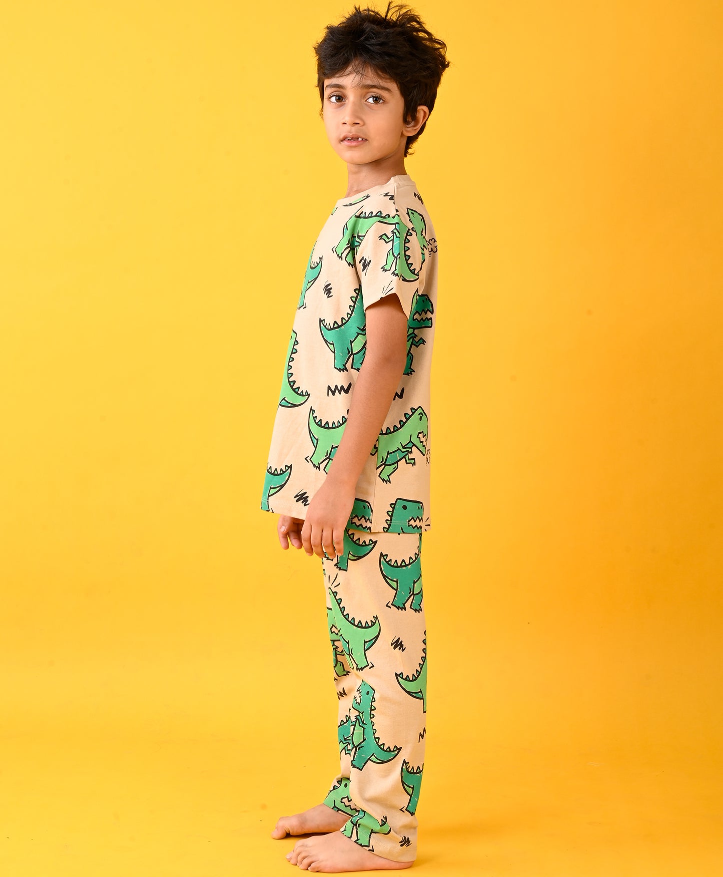 BIG DINOSAUR BEIGE SHORT SLEEVES PYJAMA SET - BEIGE