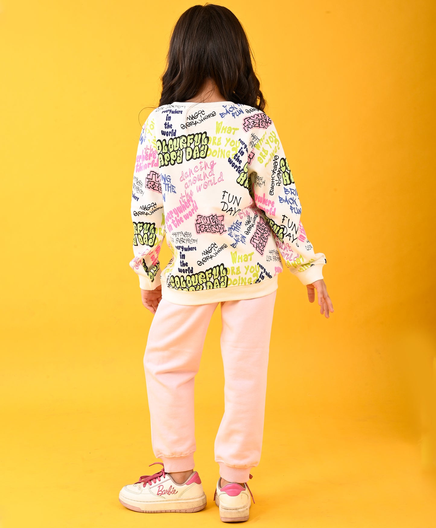 COLORFUL HAPPINESS FUN FLEECE SWEATSHIRT AND PINK HEART JOGGER SET - WHITE/PINK