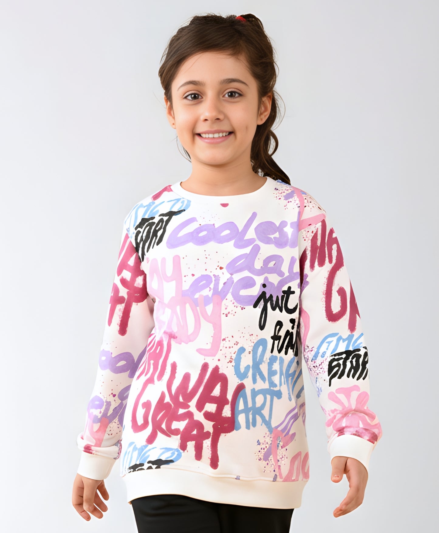 CREATE ART WARM FLEECE GIRLS ROUND NECK SWEATSHIRT - WHITE