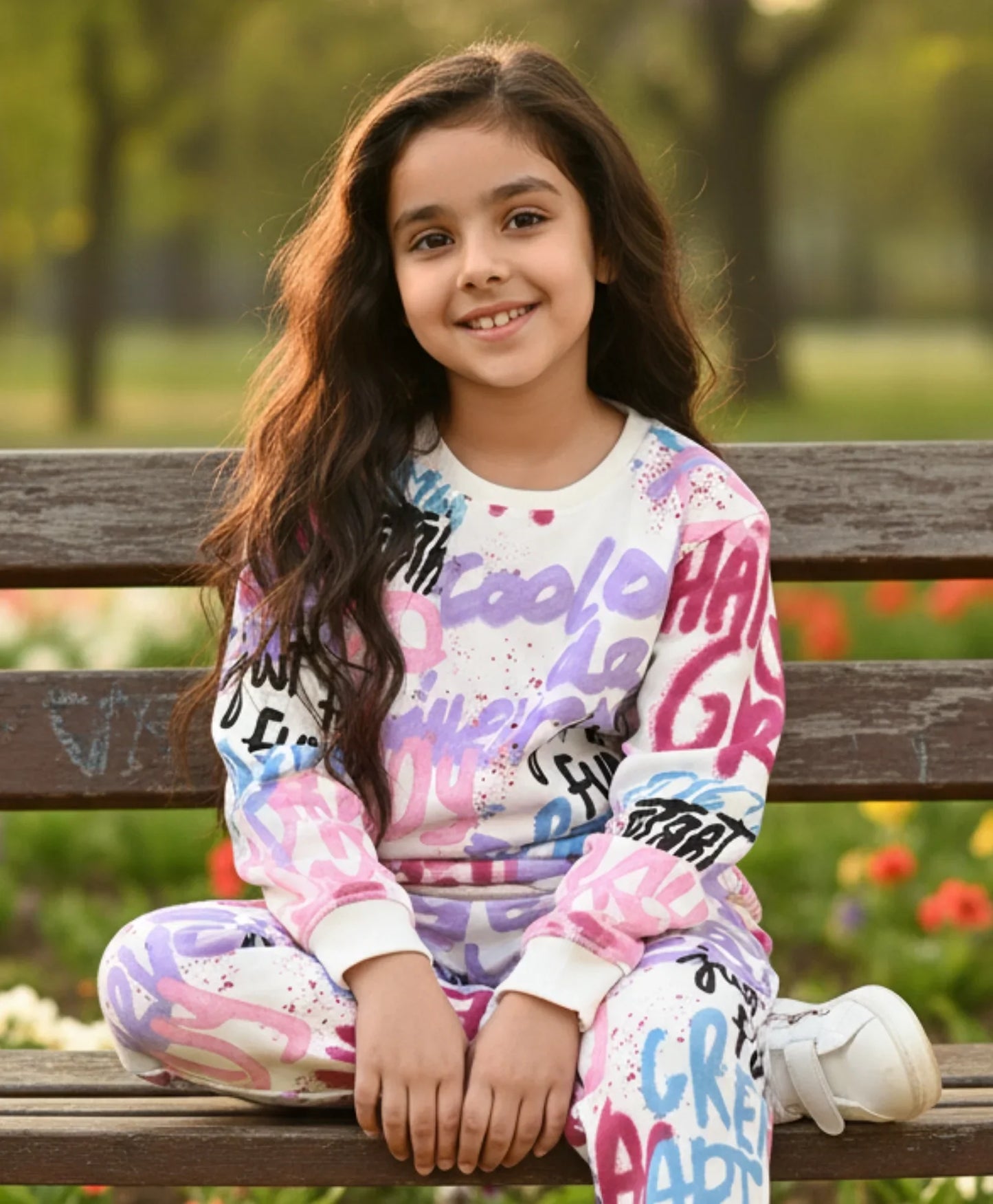CREATE ART WARM FLEECE GIRLS ROUND NECK SWEATSHIRT JOGGER SET - WHITE