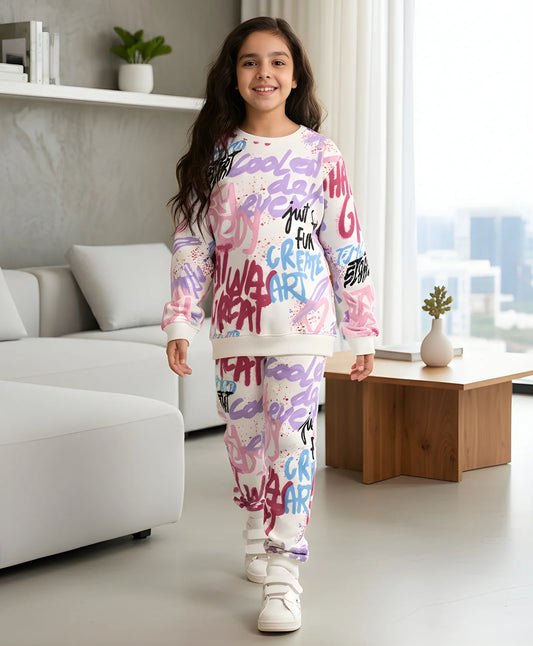 CREATE ART WARM FLEECE GIRLS ROUND NECK SWEATSHIRT JOGGER SET - WHITE