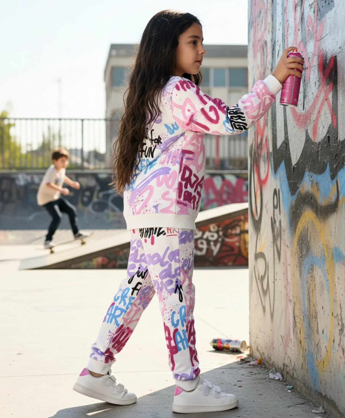 CREATE ART WARM FLEECE GIRLS ROUND NECK SWEATSHIRT JOGGER SET - WHITE