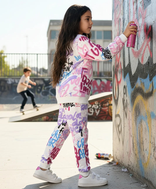 CREATE ART WARM FLEECE GIRLS ROUND NECK SWEATSHIRT JOGGER SET - WHITE