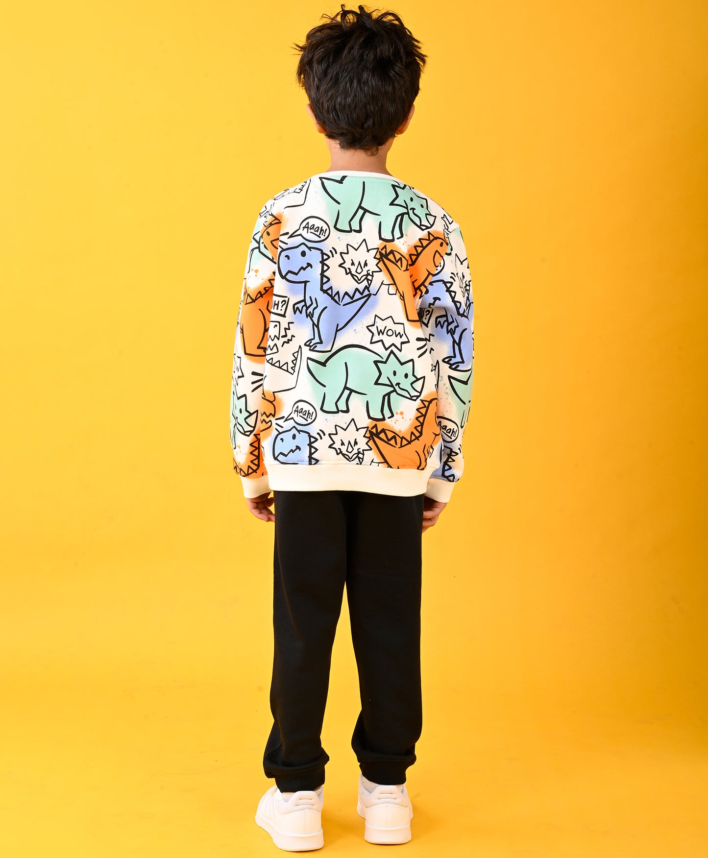 DINOSAUR WOW SWEATSHIRT AND BLACK FLEECE JOGGER SET - WHITE/BLACK