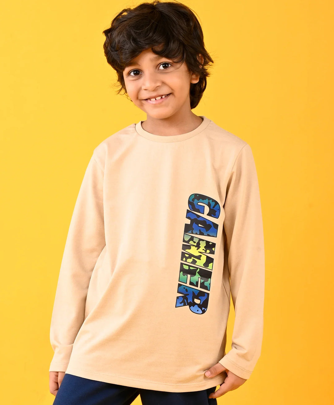 GAMER FUN BEIGE LONG SLEEVES BOYS T-SHIRT - BEIGE - Anthrilo 