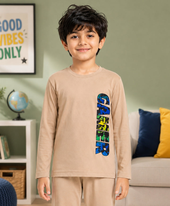 Gamer Fun Beige Long Sleeves Boys T-Shirt - Beige