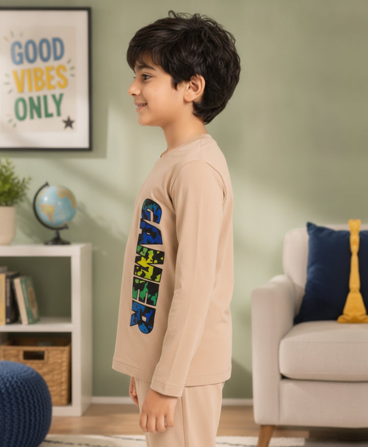 Gamer Fun Beige Long Sleeves Boys T-Shirt - Beige