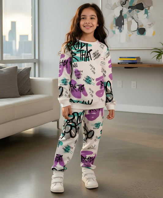 READY FOR THAT ROUND NECK FLEECE GIRLS SWEATSHIRT JOGGER SET - WHITE