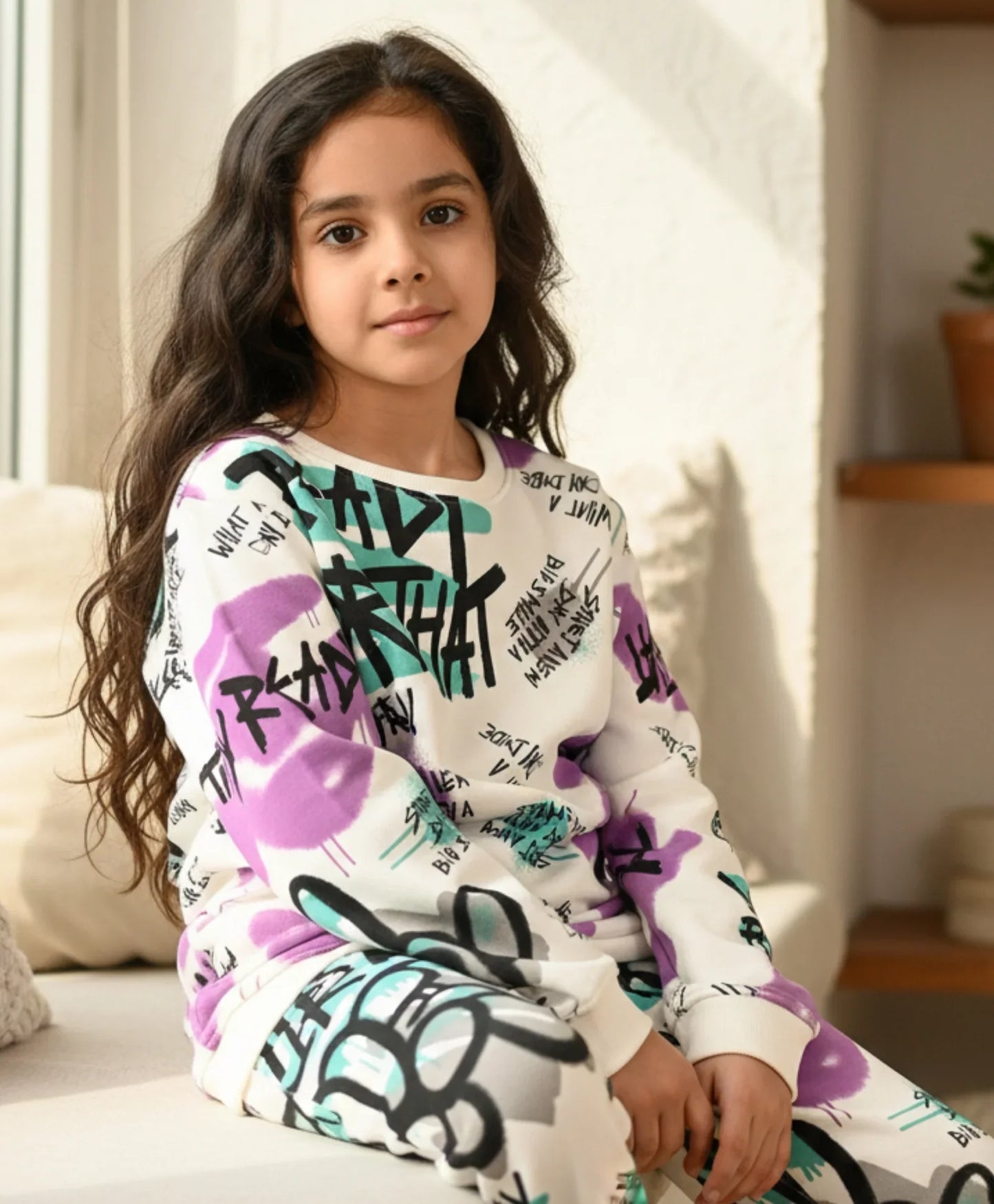 READY FOR THAT ROUND NECK FLEECE GIRLS SWEATSHIRT JOGGER SET - WHITE