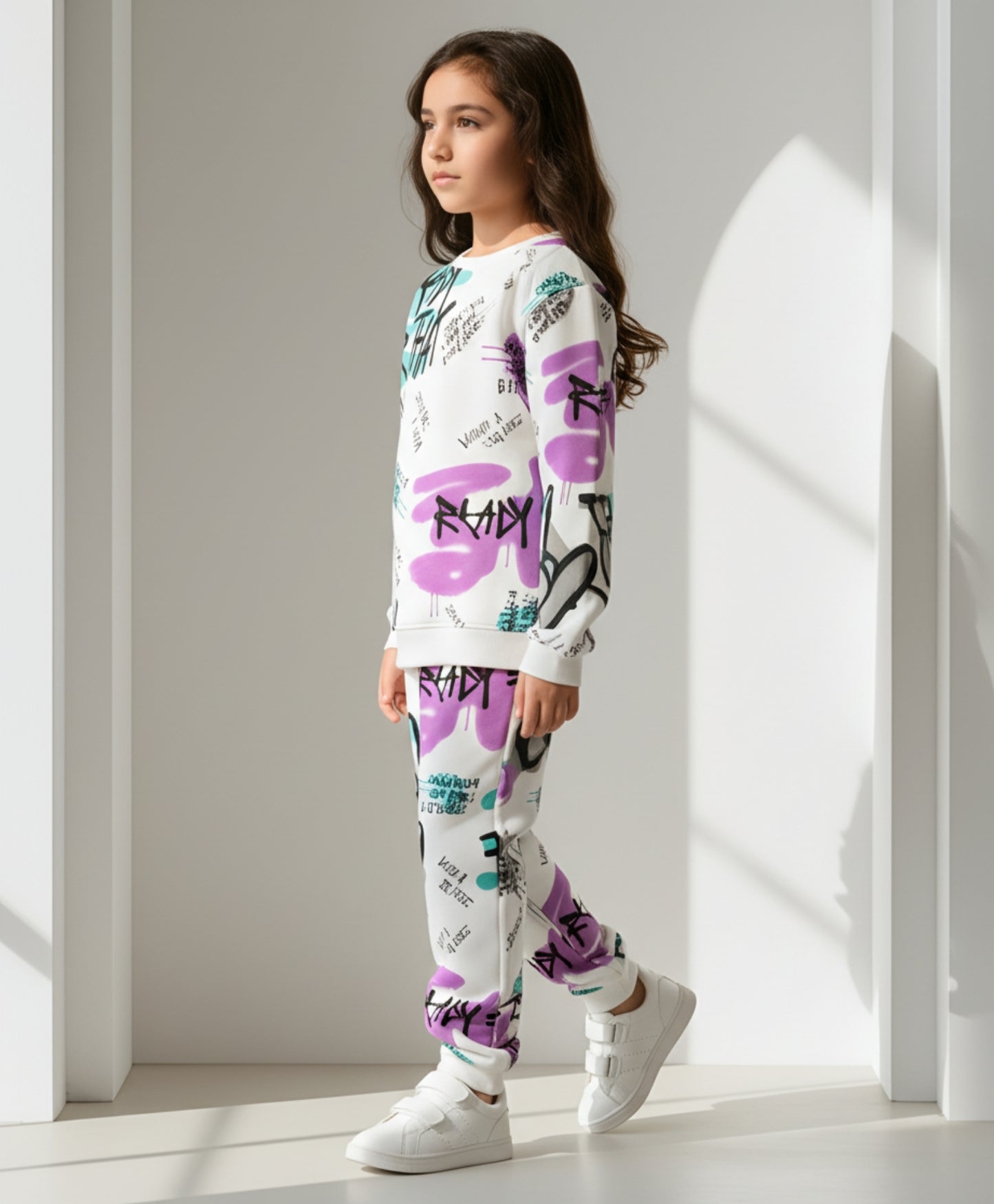 READY FOR THAT ROUND NECK FLEECE GIRLS SWEATSHIRT JOGGER SET - WHITE