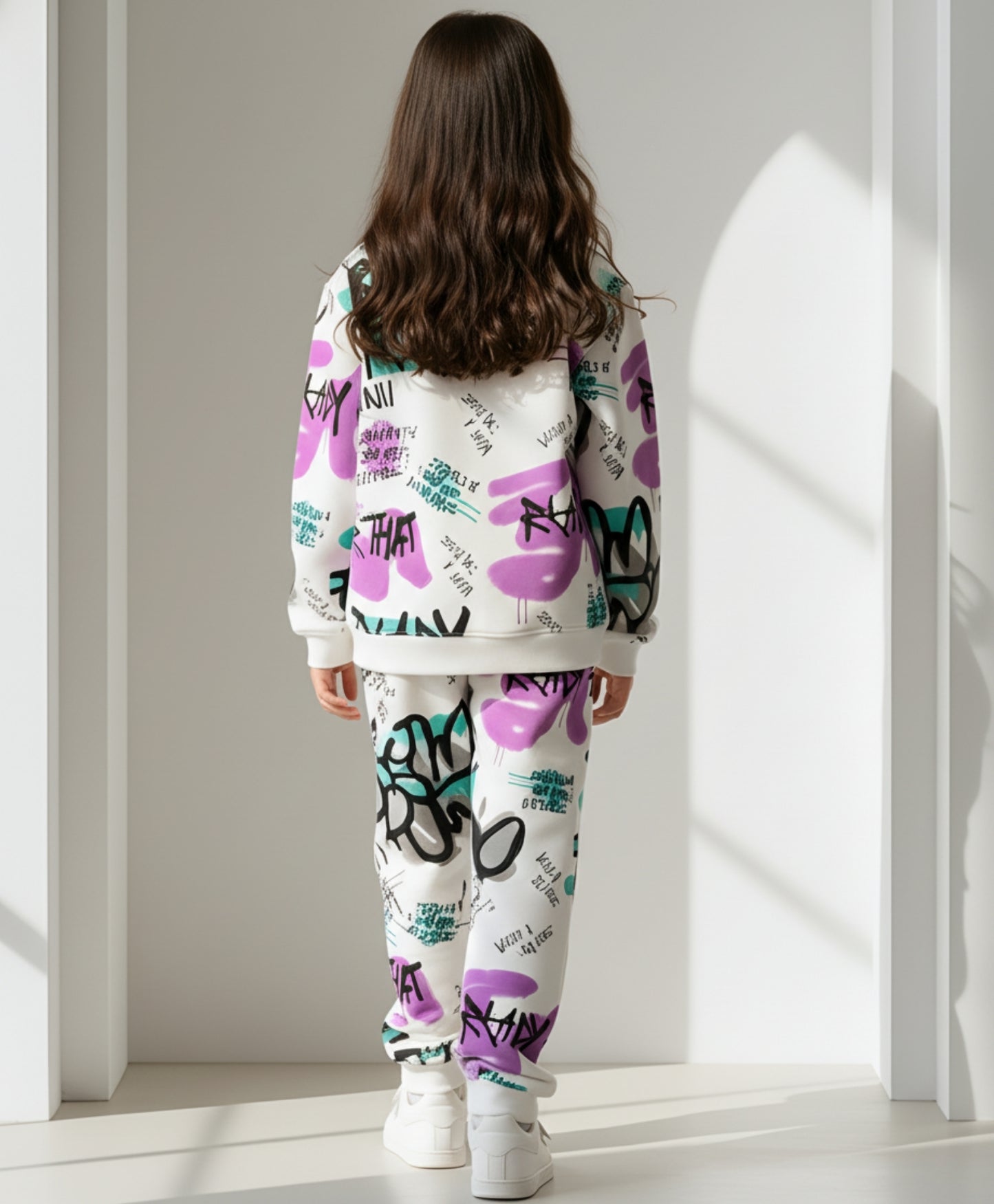 READY FOR THAT ROUND NECK FLEECE GIRLS SWEATSHIRT JOGGER SET - WHITE