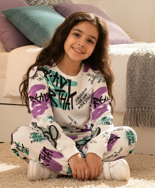 READY FOR THAT ROUND NECK FLEECE GIRLS SWEATSHIRT JOGGER SET - WHITE