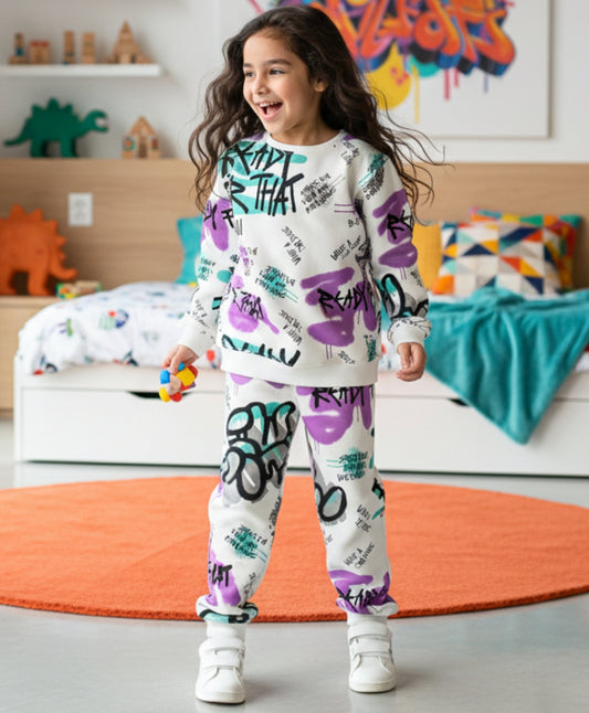 READY FOR THAT ROUND NECK FLEECE GIRLS SWEATSHIRT JOGGER SET - WHITE