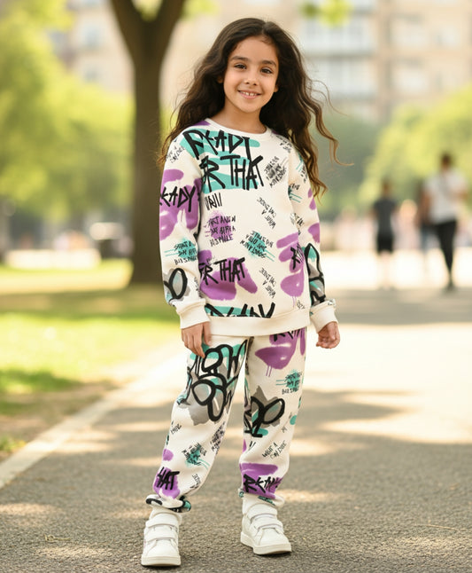 READY FOR THAT ROUND NECK FLEECE GIRLS SWEATSHIRT JOGGER SET - WHITE