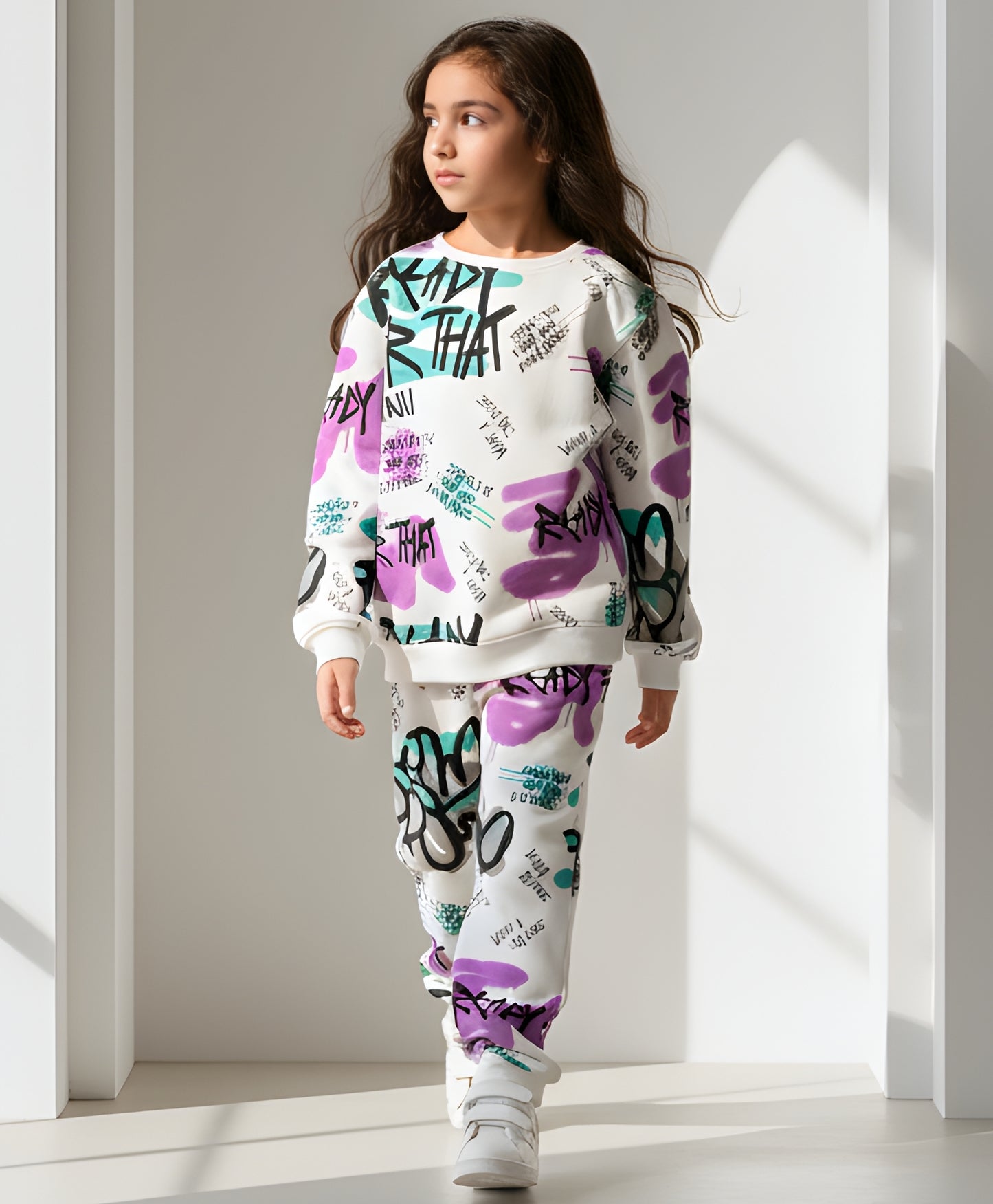 READY FOR THAT ROUND NECK FLEECE GIRLS SWEATSHIRT JOGGER SET - WHITE