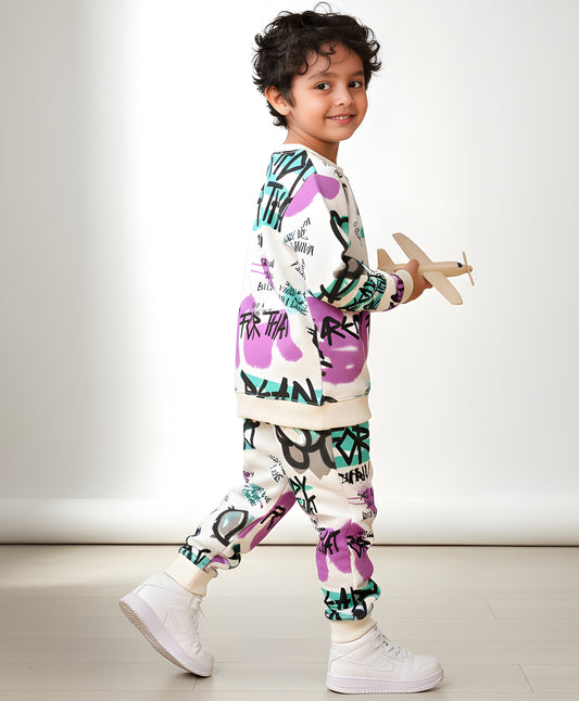 READY FOR THAT ROUND NECK BOYS FLEECE SWEATSHIRT JOGGER SET - WHITE